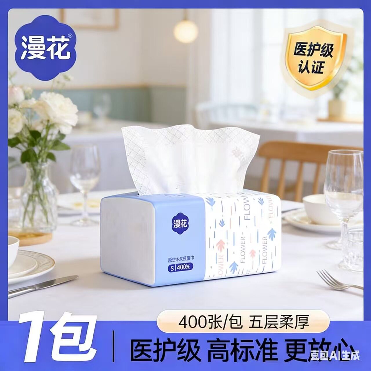 漫花400张抽纸加厚整箱餐巾纸家用面巾纸原木纸巾大包卫生3图片