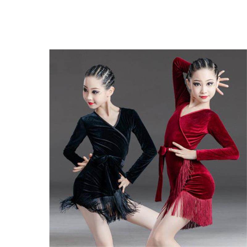 拉丁舞服冬装女童拉丁舞舞蹈服秋冬季专业流苏练功服紧身演出服装