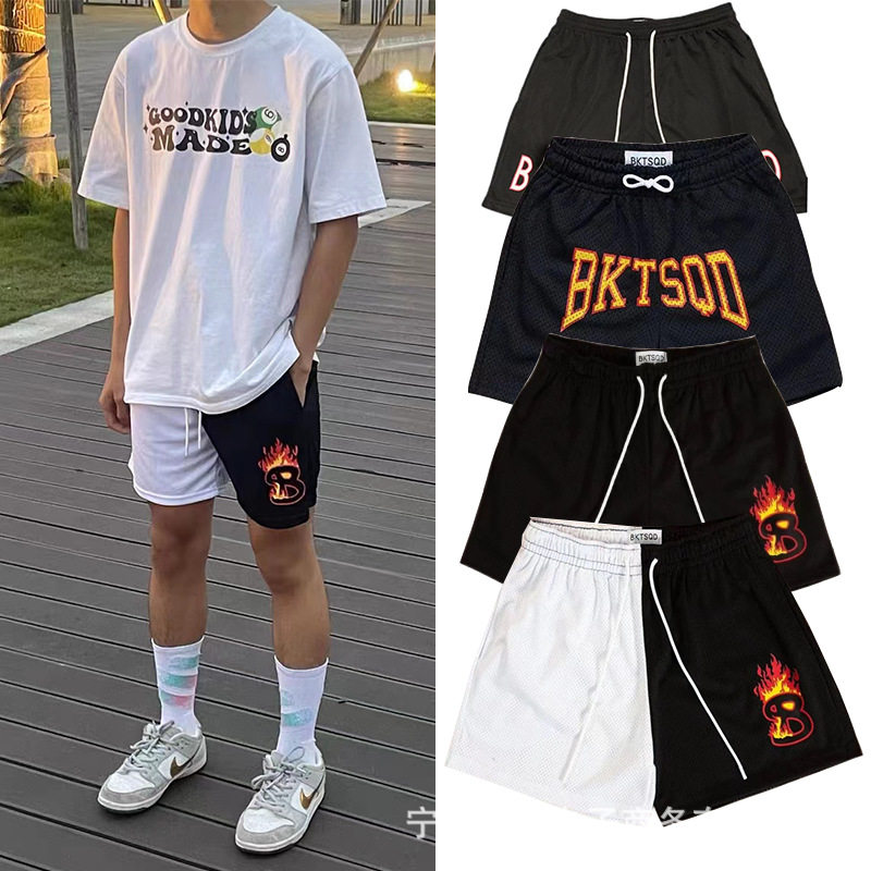 黑白拼接美式短裤男潮牌四分篮球裤BKTSQD火焰夏季速干运动裤透气