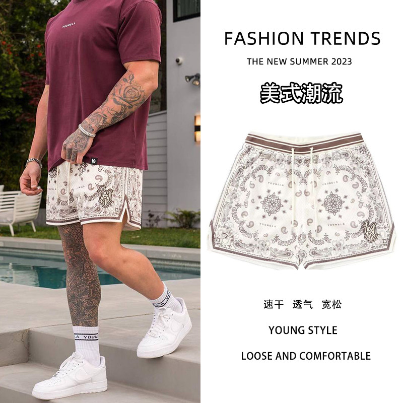 白灰色欧美式腰果花短裤男女速干宽松夏季休闲篮球裤运动四分裤
