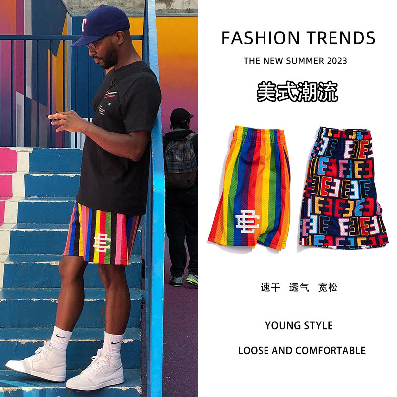 EE美式运动健身五分短裤男潮牌彩虹印花宽松网眼透气休闲篮球跑步