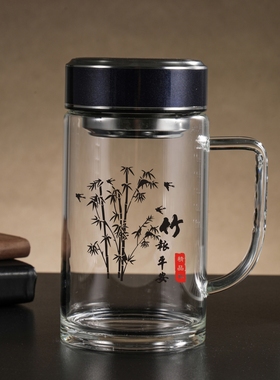 单层加厚带把玻璃杯滤网泡茶办公杯男款超大容量700ML家用水杯子