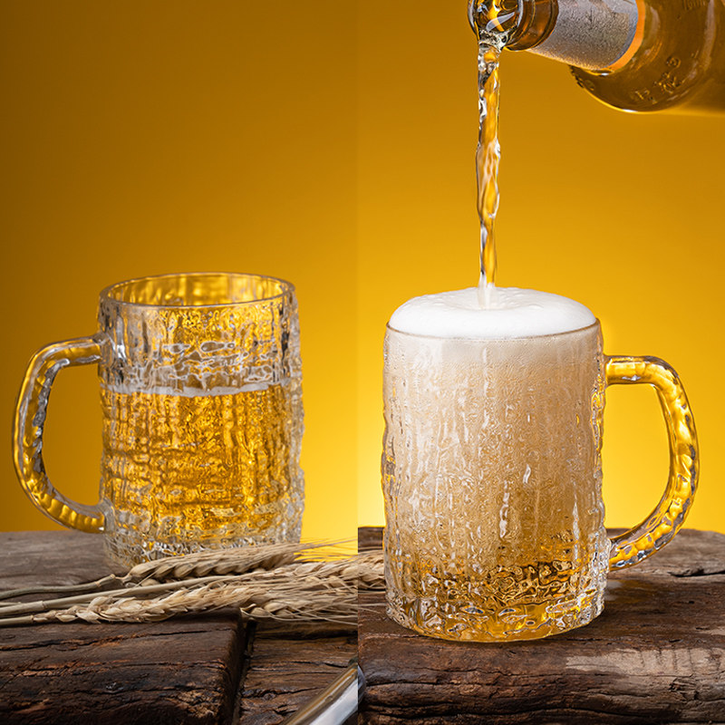冰川纹玻璃杯子家用耐高温大容量泡茶水杯带把手轻奢高档扎啤酒杯,餐饮具,啤酒杯,淘宝优惠券,粉丝福利购,淘宝优惠卷
