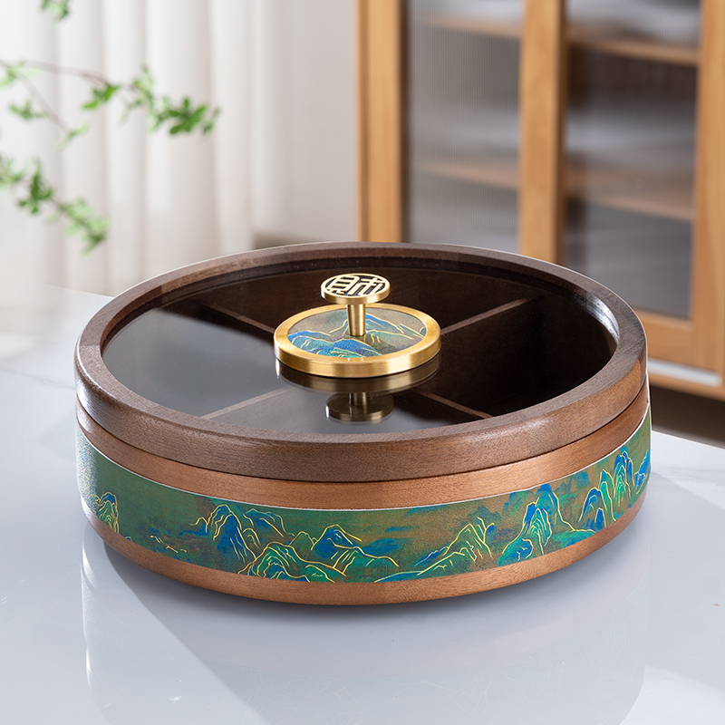 新中式实木干果盘可旋转分格