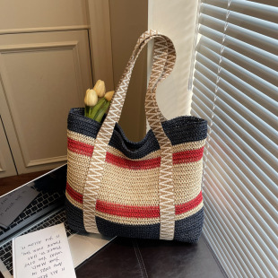 2026新款 冰魅编织撞色条纹托特包女大容量休闲百搭度假风草编包潮