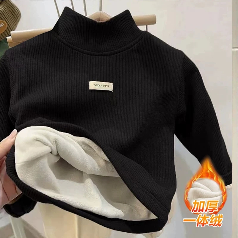 2025秋冬季儿童加绒加厚男童女童德绒打底衫T恤半高领一体绒上衣