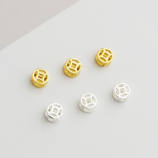 S925纯银镂空小铜钱隔珠扁珠手工DIY串珠手链项链钱币散珠配件