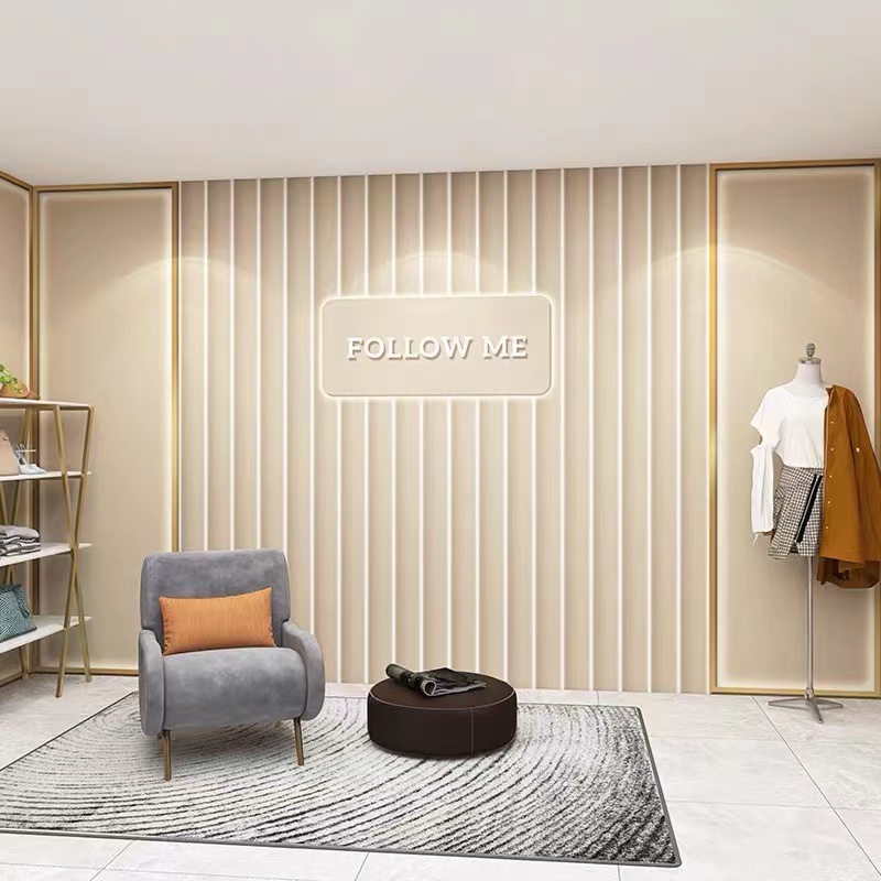 3D立体几何线条直播间背景墙壁纸奶油色服装店美容院前台墙纸轻奢