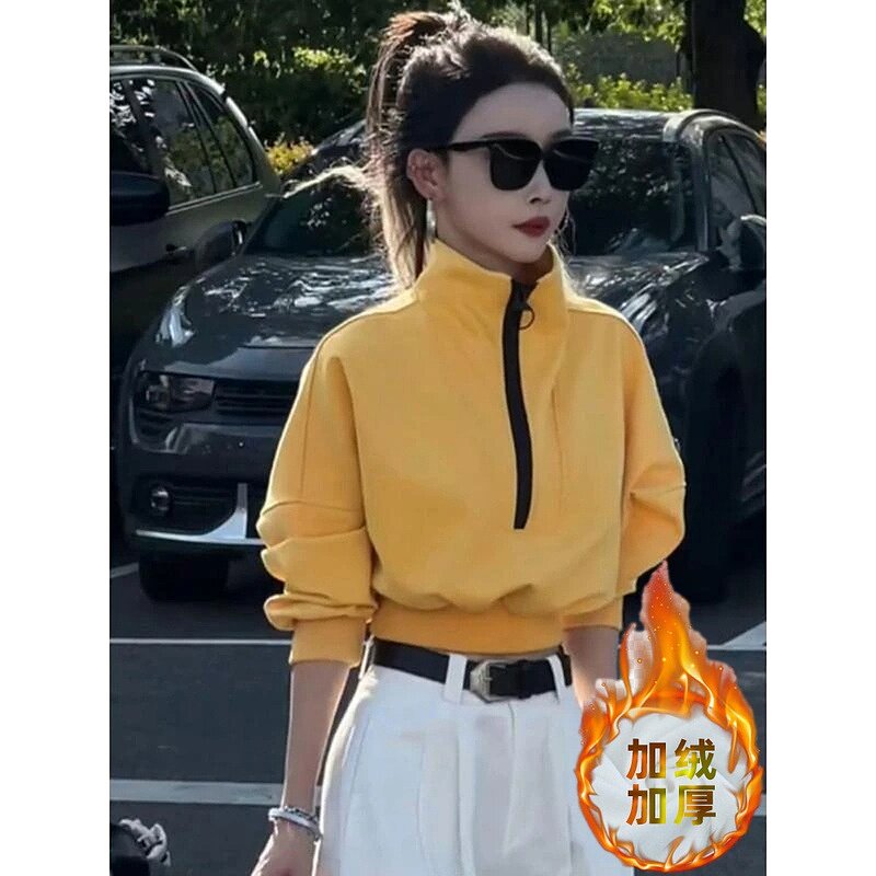 休闲时尚拉链立领长袖加绒卫衣女2025秋冬季新款气质通勤显瘦上衣