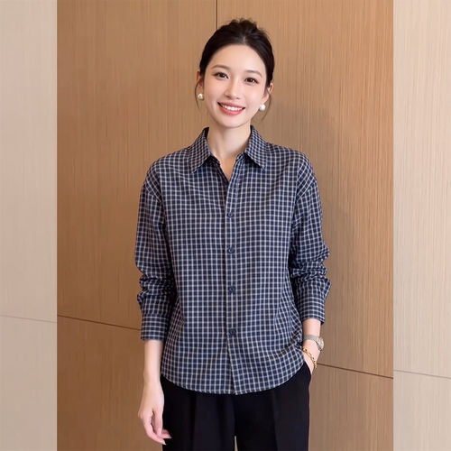 POLO领短款格子长袖衬衫女春秋