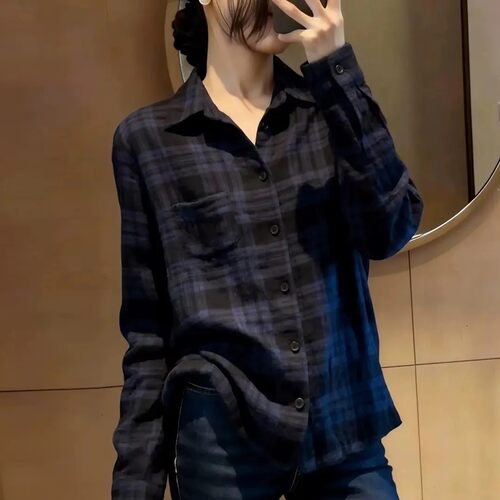 2026秋季新款格子翻领衬衫女洋气减龄宽松显瘦设计感长袖衬衣上衣