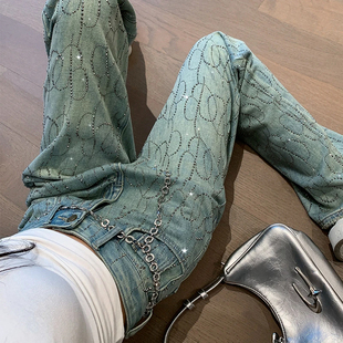 欧洲站2025秋季新款奢华水钻满天星直筒牛仔裤窄版显瘦高腰阔腿裤