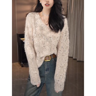 2025早春季慵懒高级感V领毛衣女宽松加厚重工亮片打底针织衫上衣