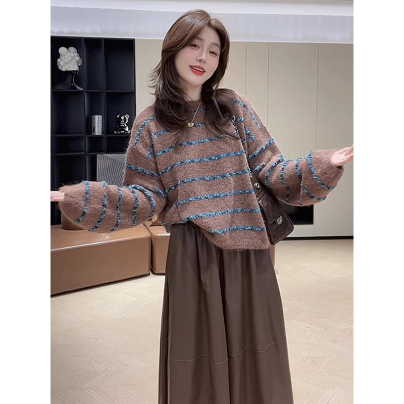 法式复古慵懒条纹毛衣针织衫女2025秋季新款软糯宽松显瘦百搭上衣