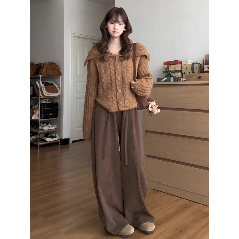 2025年冬季新款韩系慵懒风套装女美拉德宽松棕色针织上衣显瘦裤子