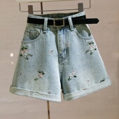 A字翻边热裤 高腰牛仔短裤 宽松显瘦烫钻刺绣新中式 新款 女2025夏季
