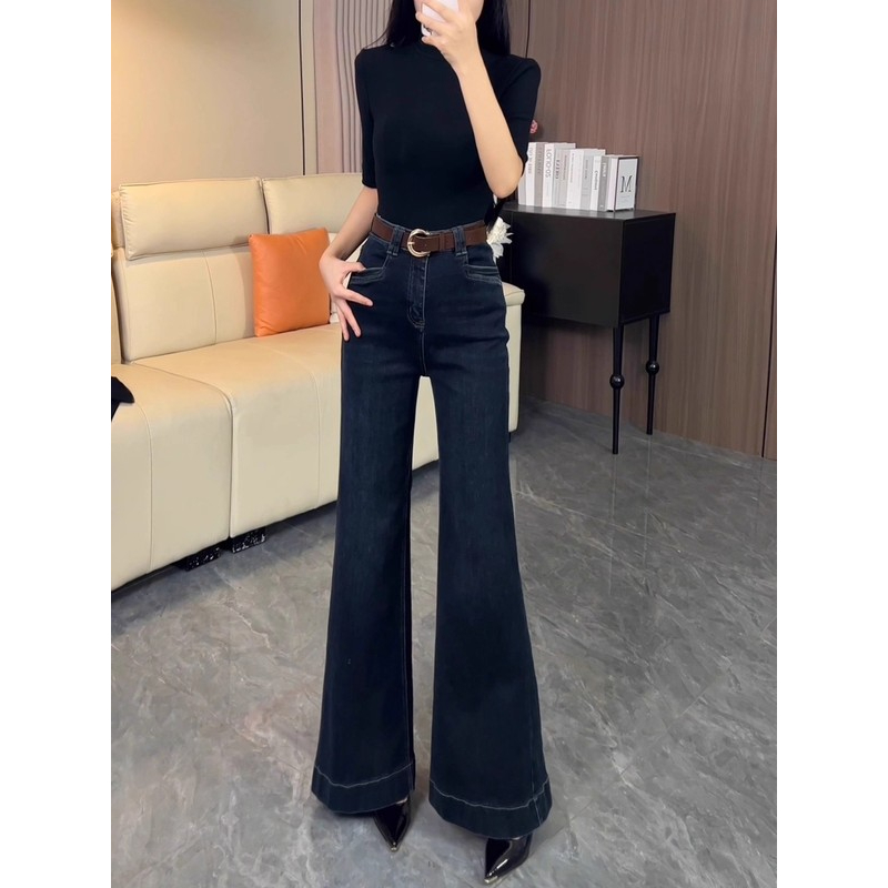 深蓝色高腰阔腿微喇牛仔裤女2025年秋季新款复古不贴腿喇叭拖地裤