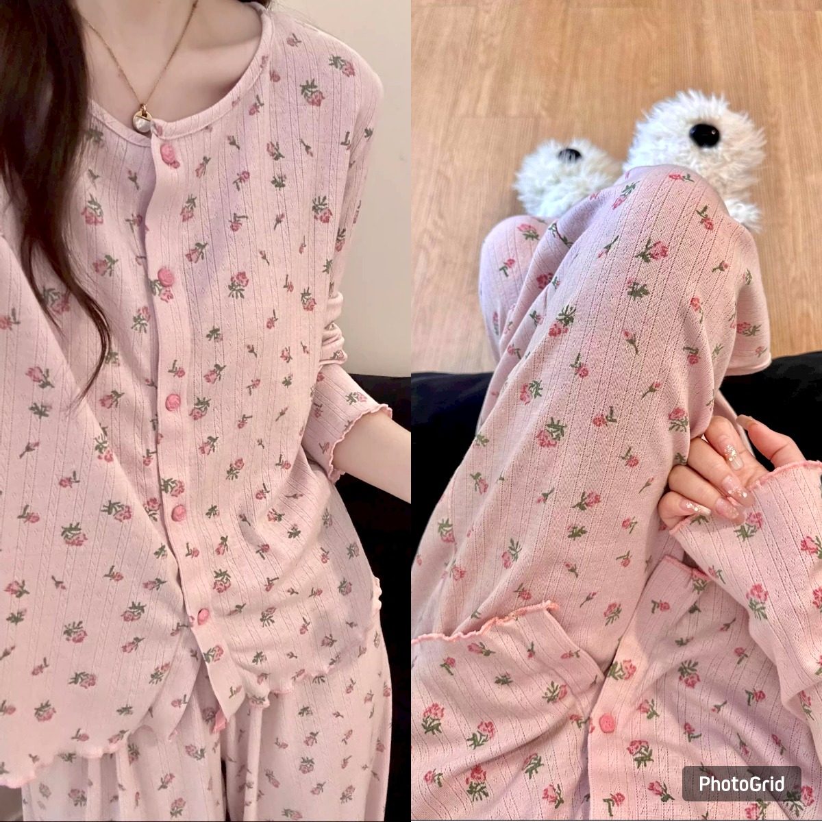 小花扣~超甜美少女粉小碎花棉质长袖长裤睡衣套装 春秋柔软月子服