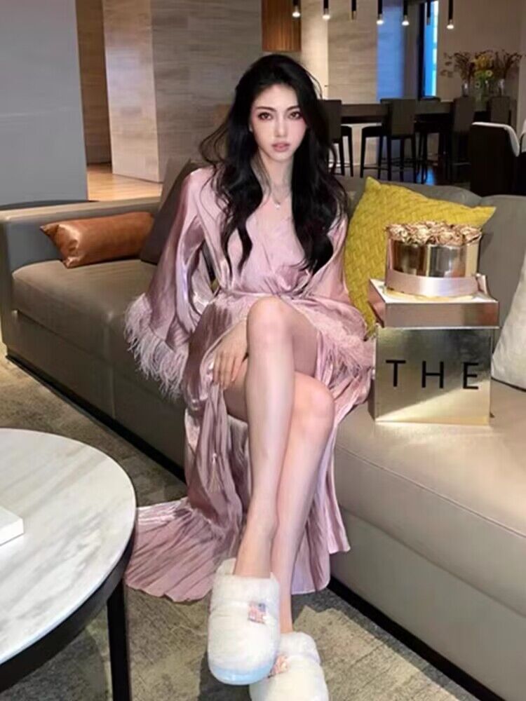 轻奢富家千金~25新娘漫气质新中式流苏腰带羽毛睡袍 写真晨袍长裙,女士内衣/男士内衣/家居服,睡袍/浴袍,淘宝优惠券,粉丝福利购,淘宝优惠卷