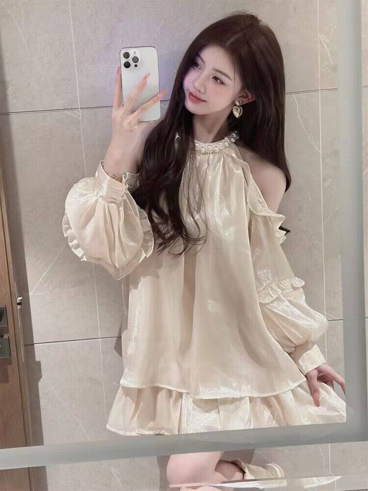 甜辣妹A字裙露肩灯笼袖遮肚子