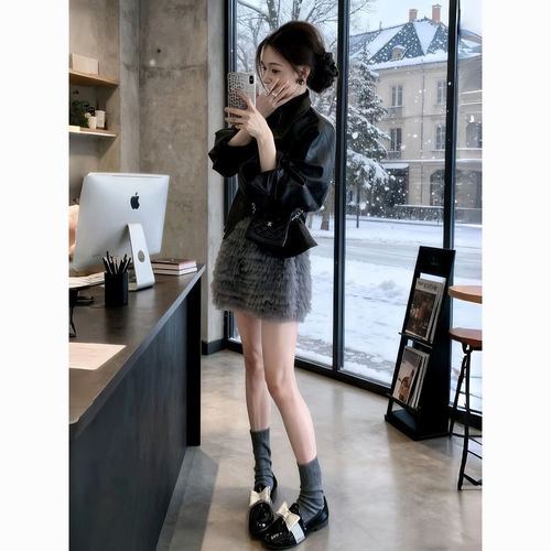 重工芭蕾风~25韩系新款复古高级灰层层网纱蓬蓬短裙A字裙蛋糕裙女