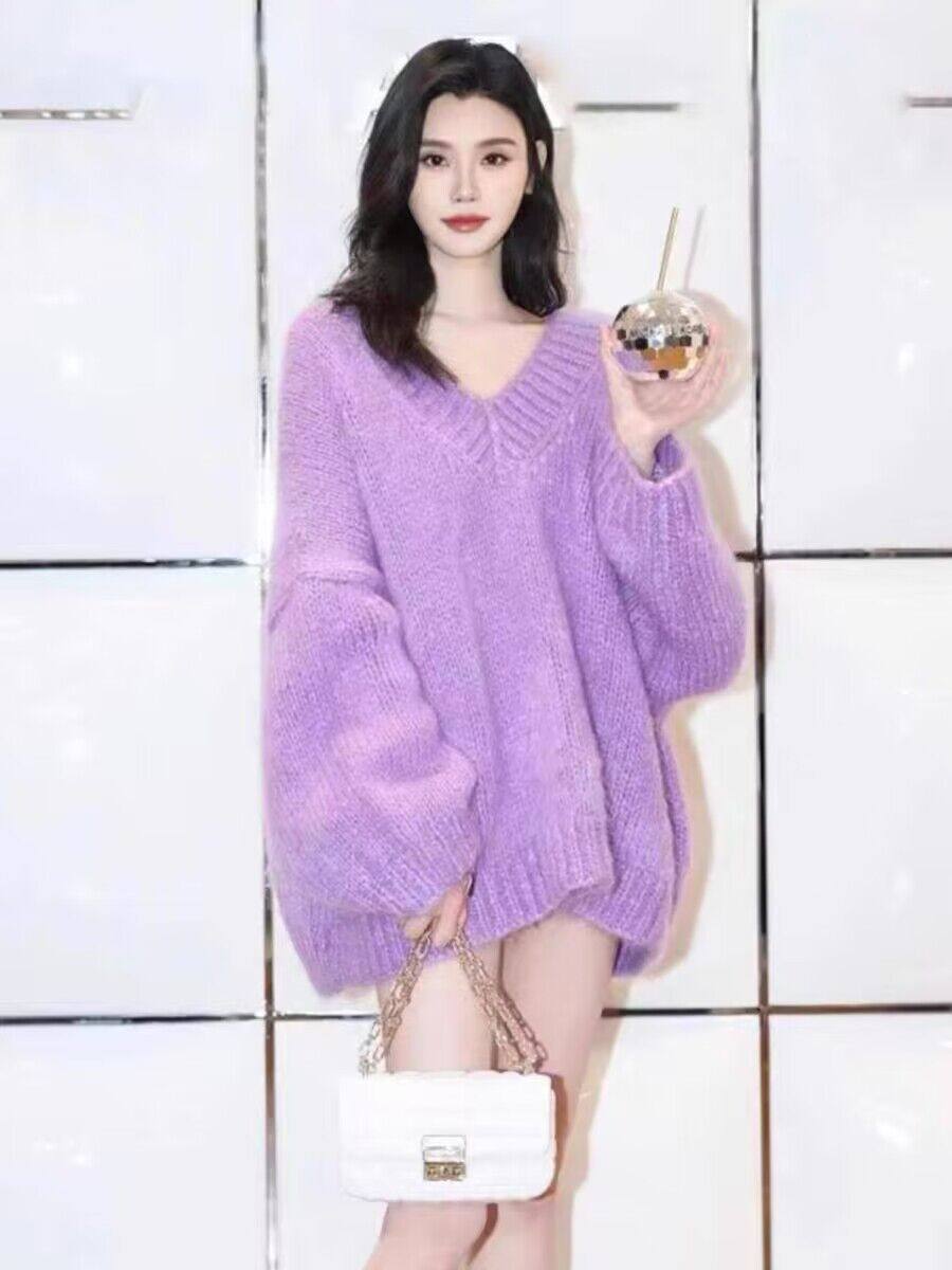 jue美香芋紫~奚梦瑶同款V领慵懒毛衣 女高级感紫色宽松针织上衣潮,女装/女士精品,毛衣,淘宝优惠券,粉丝福利购,淘宝优惠卷