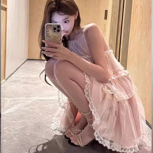 甜美纯欲风挂脖连衣裙女2025夏季 人间水蜜桃 高级感蕾丝蓬蓬短裙