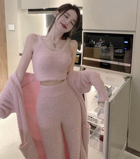 时尚 高腰长裤 可外穿睡衣三件套 背心 家居服潮 长袍睡袍 云朵软绵