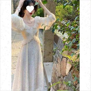 宫廷风荷叶边连衣裙设计感小众法式 人鱼公主复古法式 气质蕾丝长裙