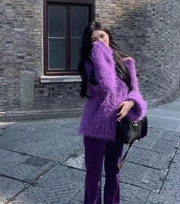 大圆领慵懒风宽松紫色套装