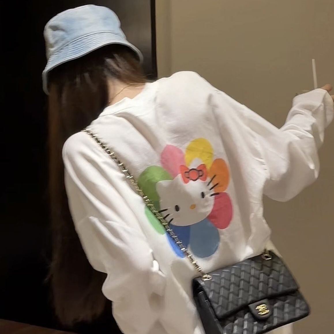 韩系KT太阳花字母时尚T恤 彩绘休闲白色长袖防晒上衣女夏季薄款潮
