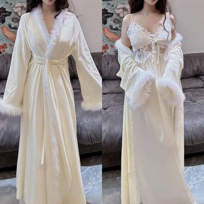纯欲sexy~26早春性感慵懒睡袍长裙2件套 贵气千金毛毛边晨袍外套
