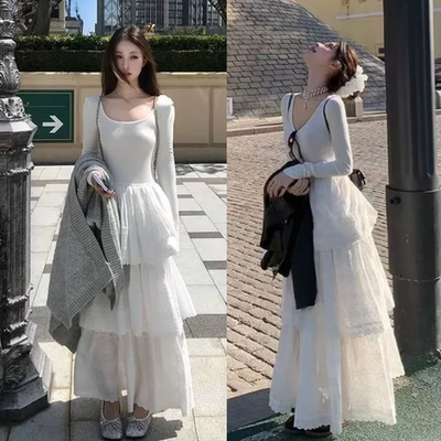 蓬蓬裙纯白色蕾丝拼接U领公主裙