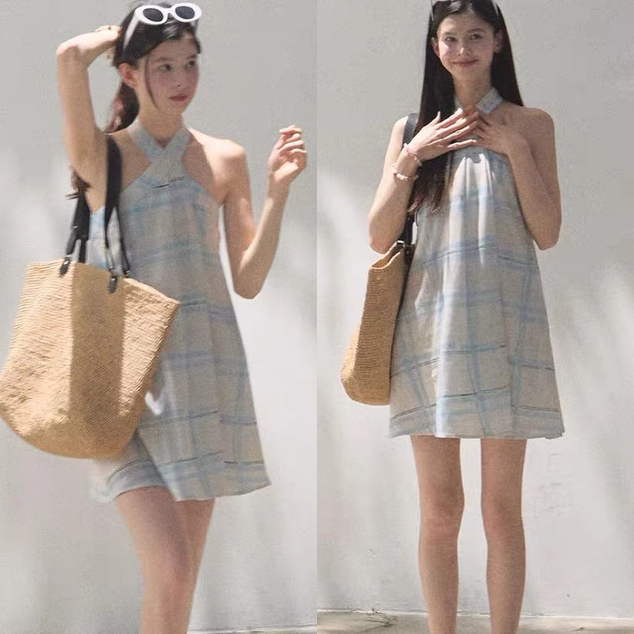雨的气息~ 26春夏新chic清新感格纹挂脖连衣裙 甜妹可爱少女A字裙