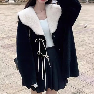 经典赫本风~法式中古黑白娃娃领外套 女 慵懒羊羔毛皮草毛毛大衣