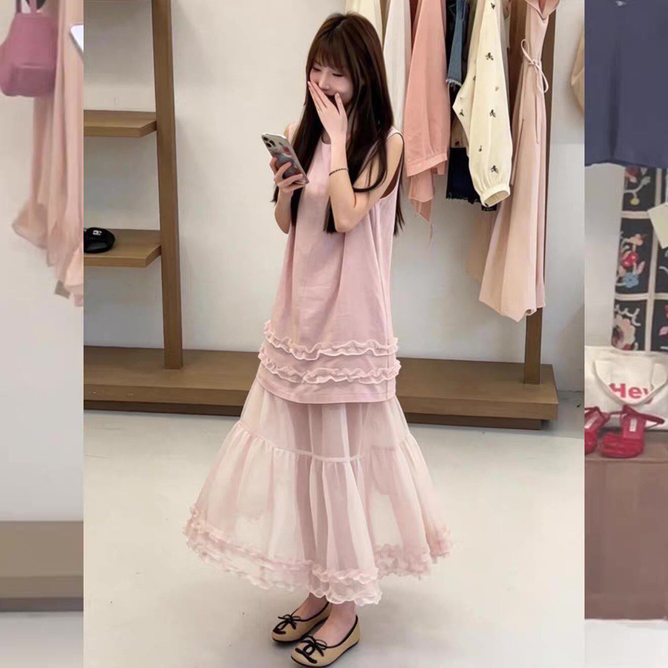 韩系少女粉温柔风网纱连衣裙26夏甜美蛋糕裙显瘦气质粉色仙仙长裙