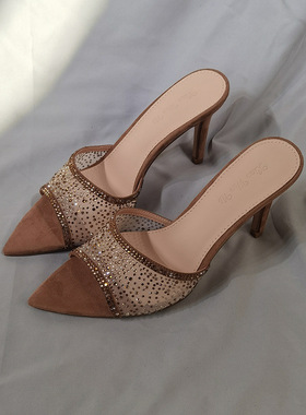 2026夏季凉鞋绝美细跟水钻网纱高跟拖鞋配裙子尖头高跟鞋外穿时尚