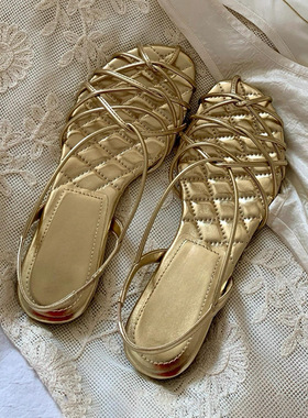 羊皮版~法式复古细带编织镂空露趾凉鞋女2026夏季百搭平底罗马凉
