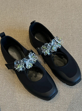 羊皮版~2026新款复古运动风魔术贴真皮玛丽珍鞋黑色百搭花朵圆头