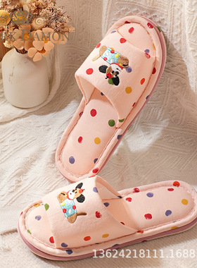 外贸居家三层布底女款彩色圆点卡通小狗静音无声家居室内地板拖鞋