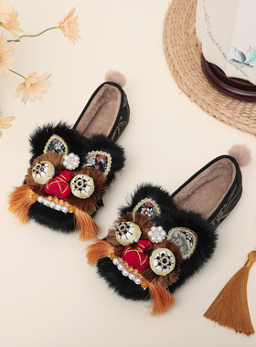 《星凝》2026新款真毛手工原创虎头鞋  平底软新中式重工非遗女鞋