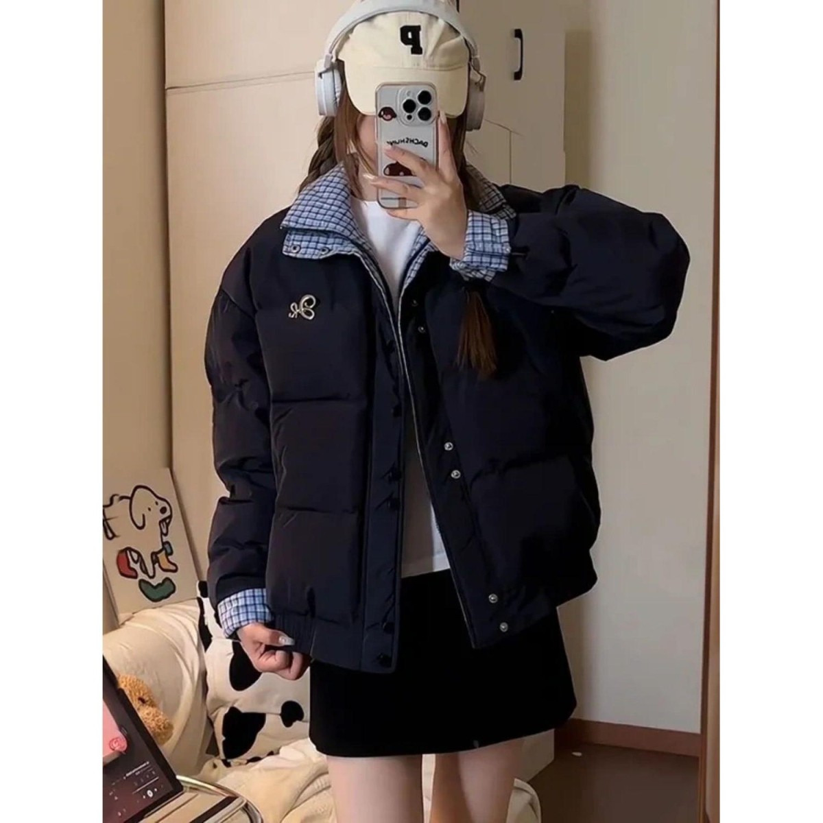 美式复古蓝色格纹拼接防寒外套棉服女学生冬季藏青色宽松保暖棉衣