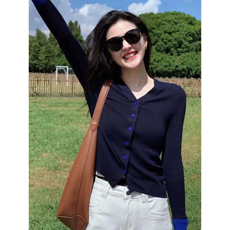早秋慵懒风藏蓝色小个子外搭毛衣开衫外套女春秋款超好看针织上衣