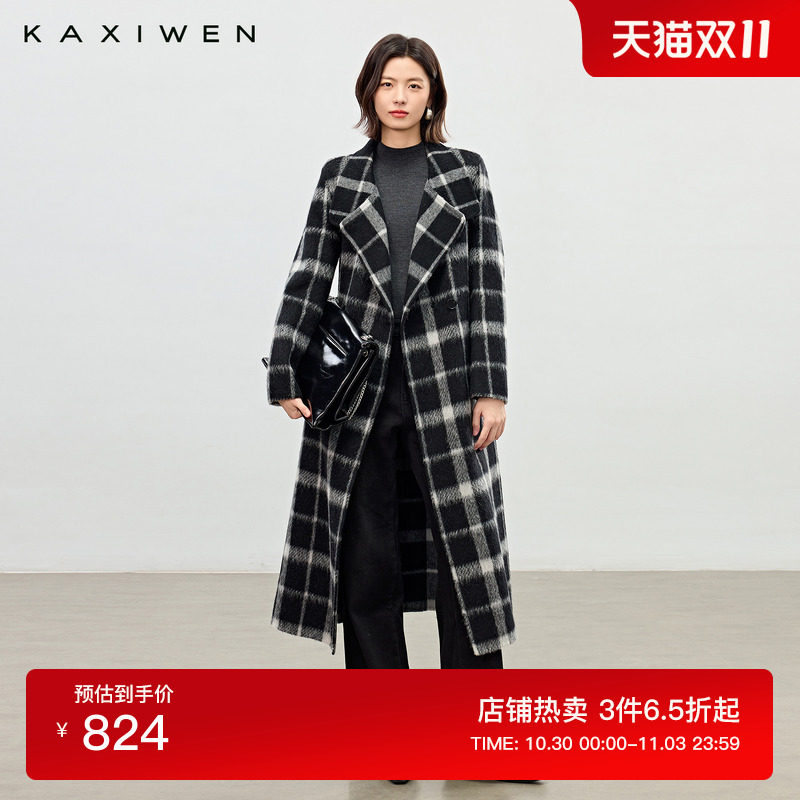 佧茜文黑白格纹长款大衣2026秋冬新款复古高極感系带立领外套女