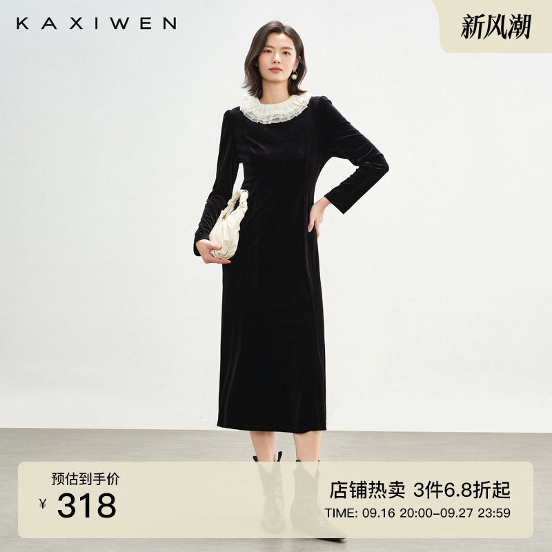 法式浪漫丝绒拉夫领连衣裙图片