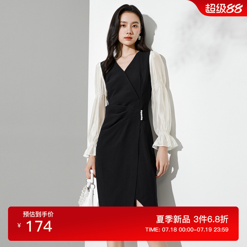 佧茜文优雅连衣裙潮流秋季新款法式复古褶皱开叉收腰裙子女