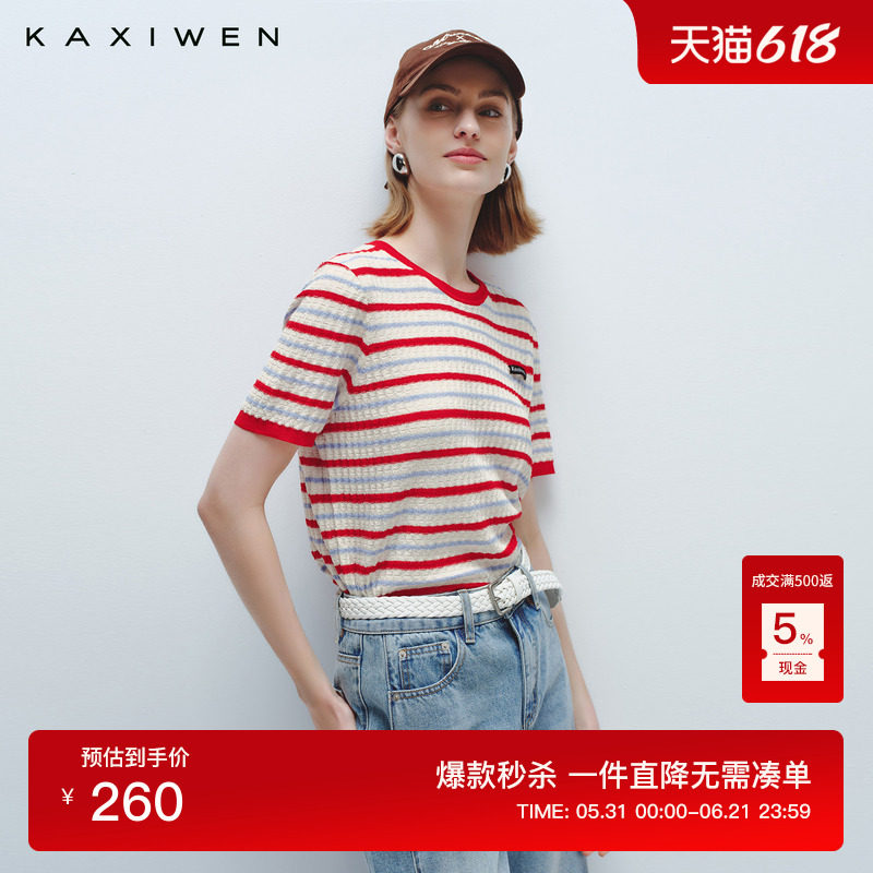 【博主同款】【玩趣复古】佧茜文针织衫2026夏新款多巴胺条纹T恤