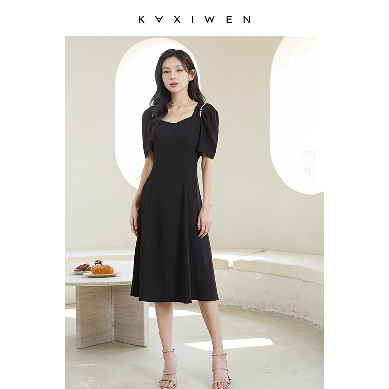 佧茜文法式连衣裙女夏季新款方领轻奢高级感小黑裙收腰显瘦长裙子
