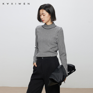显瘦打底衫 佧茜文黑白格设计感长袖 修身 新款 上衣女 T恤潮流冬季