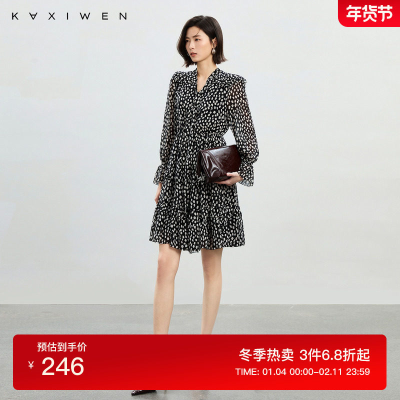 佧茜文优雅气质波点印花连衣裙2025春季新款法式设计款蛋糕裙女